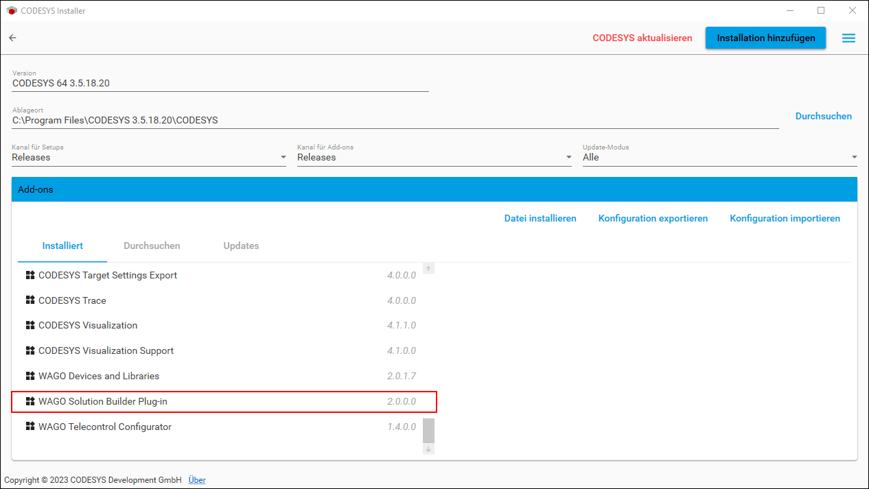 CODESYS Installer: Die Komponente WAGO Solution Builder Plug-in erfolgreich installiert