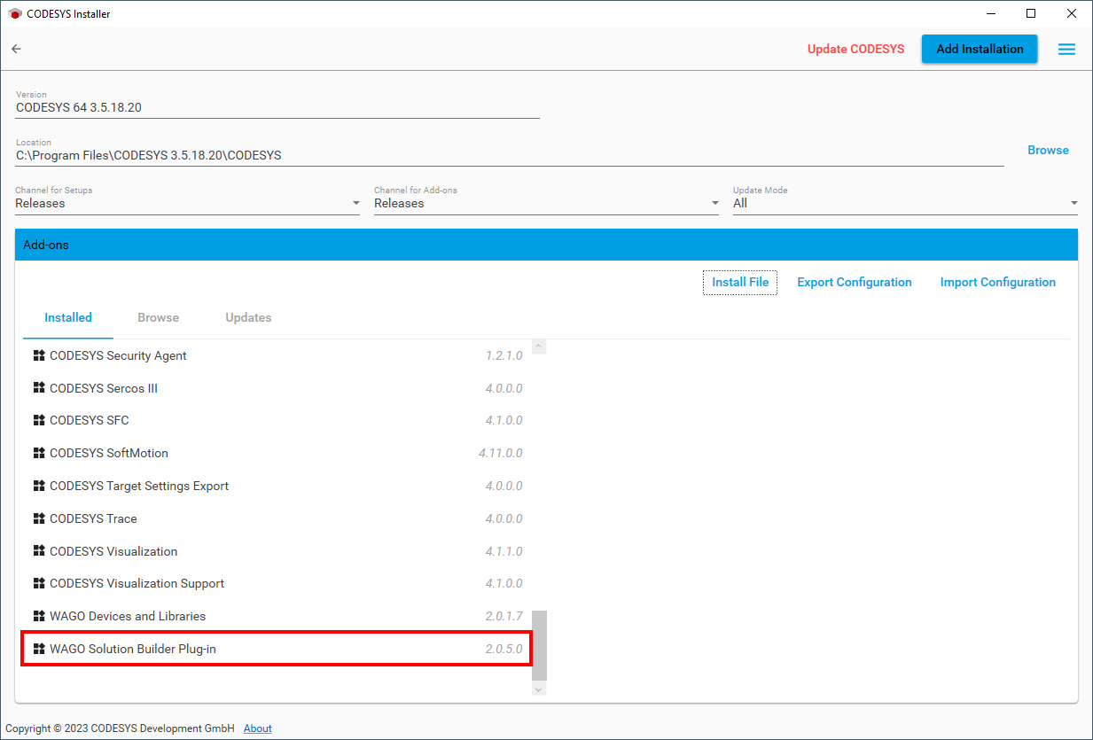 CODESYS Installer: WAGO Solution Builder Plug-in Component Successfully Installed