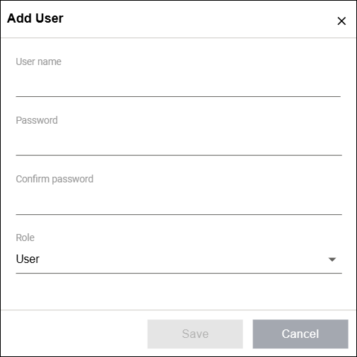 Side Menu > Settings > “Authentication Settings” Area > “User Management” Dialog > “Add User” Dialog