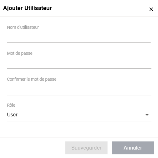 Menu latéral > Paramètres > Zone "Paramètres d'authentification"> Fenêtre de dialogue "Gestion des utilisateurs" > Fenêtre de dialogue "Ajouter un utilisateur"
