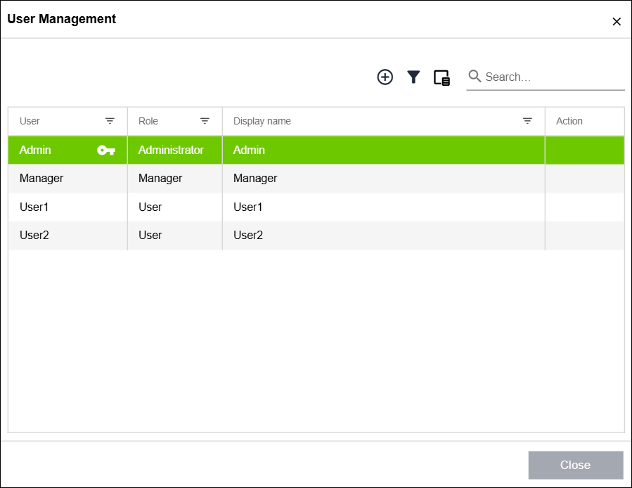 Side Menu > Settings > “Authentication Settings” Area > “User Management” Dialog