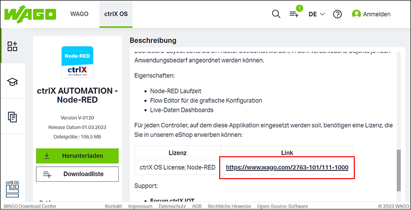 Link zum Erwerb der Lizenz im eShop (am Beispiel der App „ctrlX AUTOMATION  ̶  Node-RED“) 