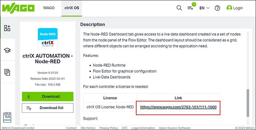 Link for Purchasing the License in the eShop (App Example: “ctrlX AUTOMATION  ̶  Node-RED”) 