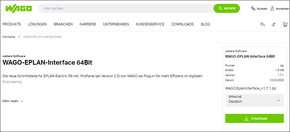 Downloadseite der WAGO EPLAN-Schnittstelle (Beispiel)