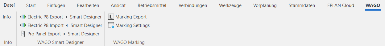 Menüleiste mit installierter WAGO Schnittstelle in EPLAN Electric P8 (Beispiel)