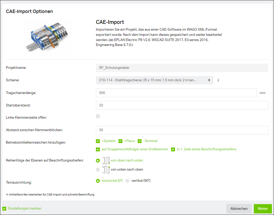 Erste Konfigurationsauswahl für den CAE-Import im WAGO Smart Designer