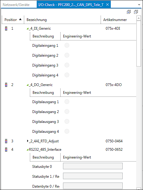 Anzeige eines Knotens für den Ein-/Ausgangstest