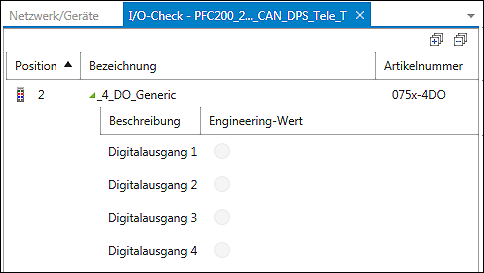 Anzeige eines I/O-Moduls für den Ein-/Ausgangstest