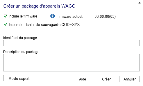 fenêtre de dialogue « Créer un package d'appareils WAGO »