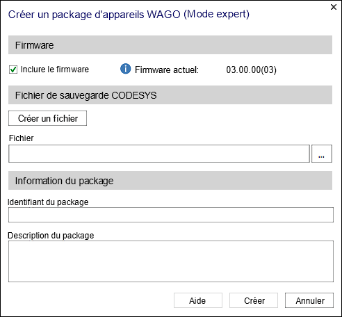 fenêtre de dialogue « Créer un package d'appareils WAGO (Mode expert) »