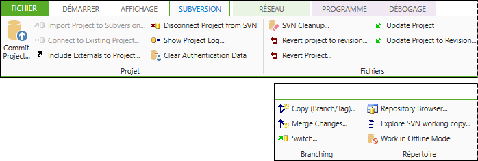 onglet « SUBVERSION » dans le bandeau de menu