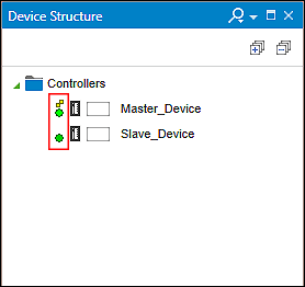 Status Icons in the Device Structure (left) and Program Structure (right)