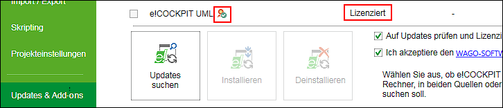 Anzeige der aktivierten Lizenz auf der Seite „Updates & Add-ons“