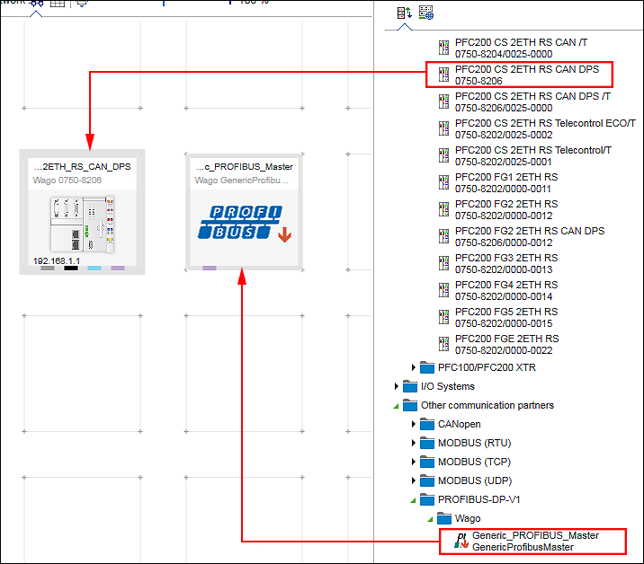Placing the PROFIBUS Master and Slave in the Network View
