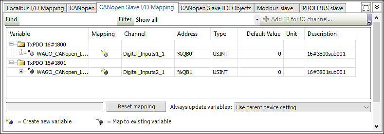 “CANopen Slave I/O Mapping” Tab