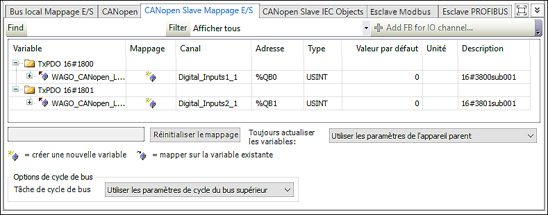 onglet « CANopen Slave Mappage E/S»