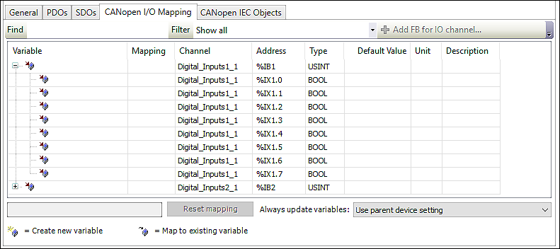 “CANopen I/O Mapping” Tab “