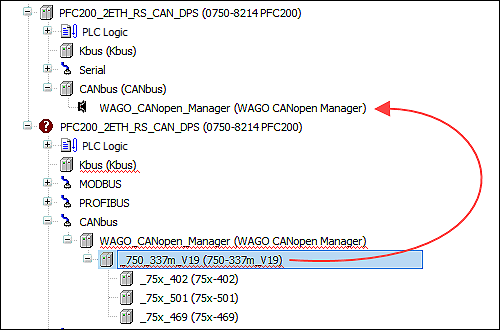 Inserting the Saved CANopen Device under the Newly Created CANopen Manager 