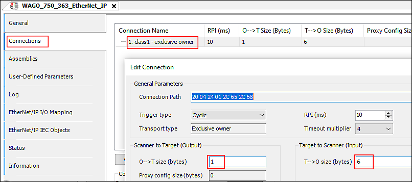 Entering the Input/Output Data Size of the Connection